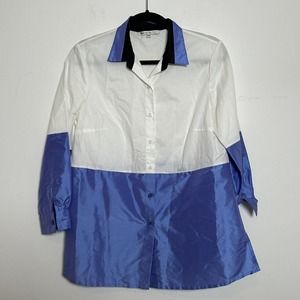 Marisa Baratelli Womens White Blue Button Down Blouse Top Thai Silk Size 6